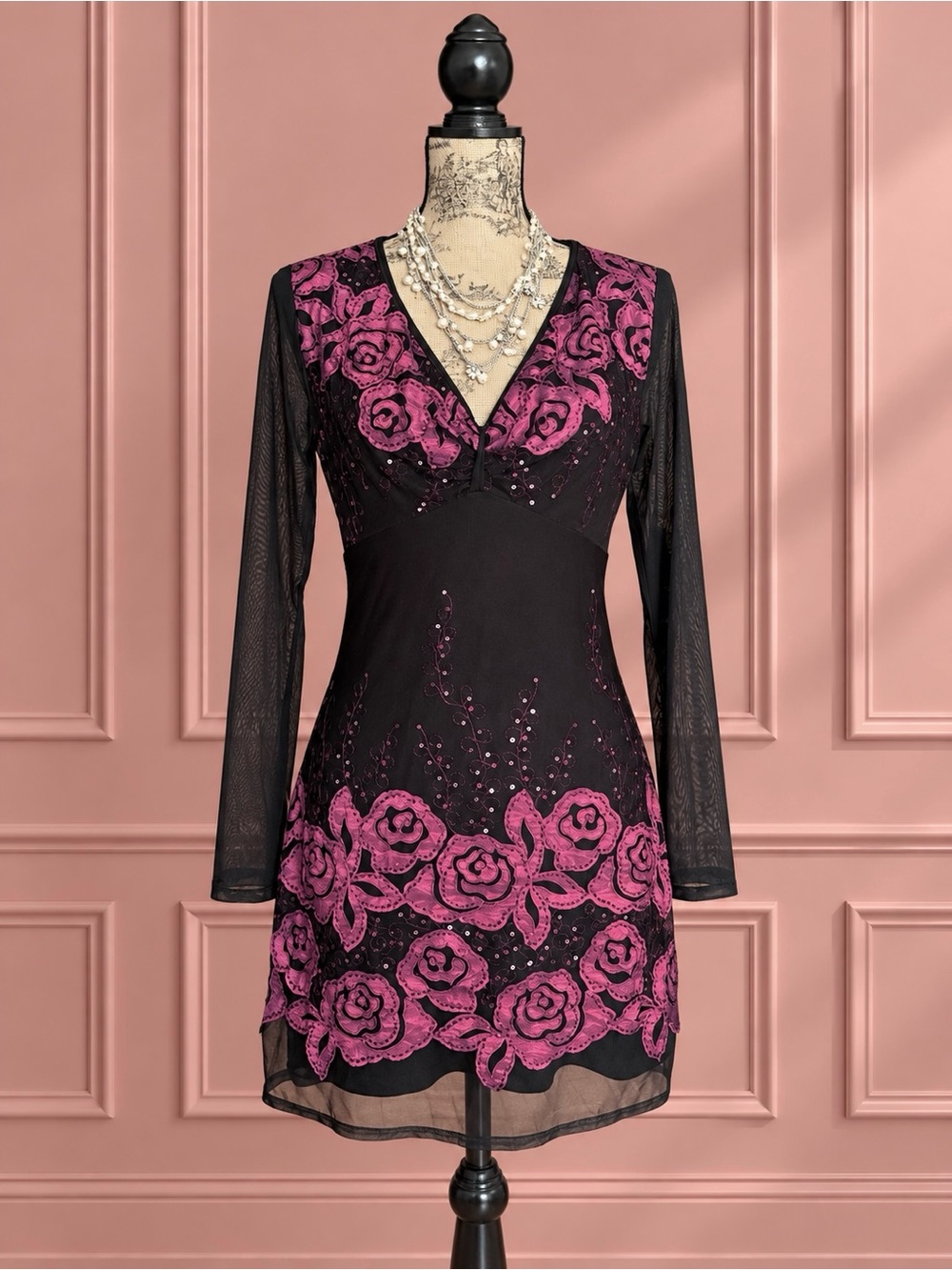Y2K Terra Nostra Black Dress with Pink Floral Embroidery - V-Neck Long Sleeve